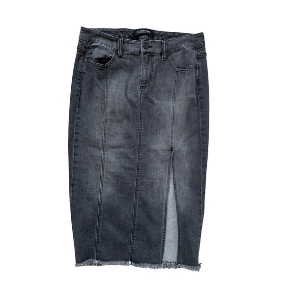 Liverpool Dresses & Skirts - Liverpool Denim Midi Skirt Women 10 Black Excellent Raw Hem Front Slit Faded